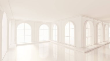 Pencereleri olan lüks, beyaz bir iç mekan. 3d görüntüleme, 3d illüstrasyon.