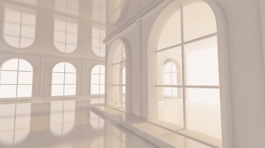 Pencereleri olan lüks, beyaz bir iç mekan. 3d görüntüleme, 3d illüstrasyon.