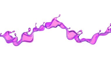 Beyaz arka planda şeffaf mor bir sıvı sıçraması. 3d görüntüleme, 3d illüstrasyon.