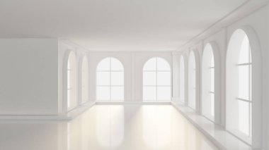 Pencereleri olan lüks, beyaz bir iç mekan. 3d görüntüleme, 3d illüstrasyon.