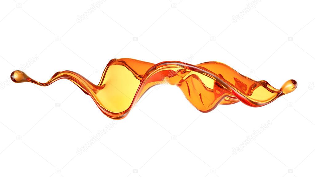 Splash of a transparent orange liquid on a white background. 3d rendering, 3d illustration.