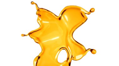 Beyaz arka planda şeffaf turuncu sıvı sıçramış. 3d görüntüleme, 3d illüstrasyon.