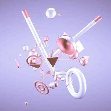 Mor soyut minimalizm, uçan nesneler ve şekillerle. 3d görüntüleme, 3d illüstrasyon.