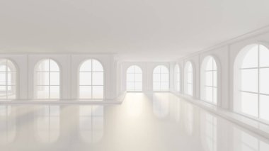 Pencereleri olan lüks, beyaz bir iç mekan. 3d görüntüleme, 3d illüstrasyon.