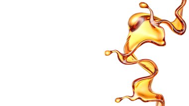 Beyaz arka planda şeffaf turuncu sıvı sıçramış. 3d görüntüleme, 3d illüstrasyon.