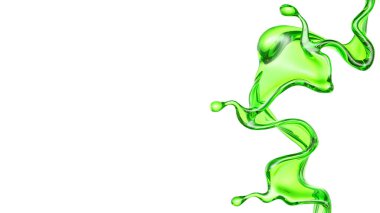 Beyaz arka planda yeşil rengin şeffaf sıvısı. 3d görüntüleme, 3d illüstrasyon.