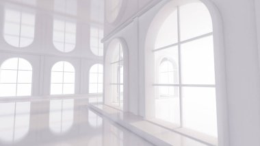 Pencereleri olan lüks, beyaz bir iç mekan. 3d görüntüleme, 3d illüstrasyon.