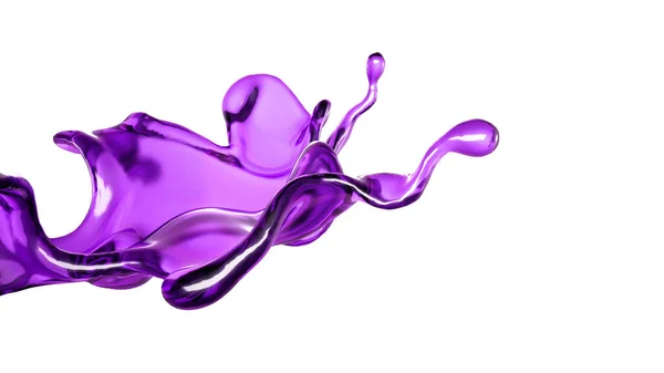 在白色背景上的紫色透明液体的飞溅 3D渲染 3D说明 — 图库照片