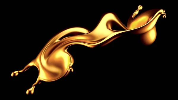 Gouden Splash Vloeibare Zwarte Achtergrond Weergave Illustratie — Stockfoto