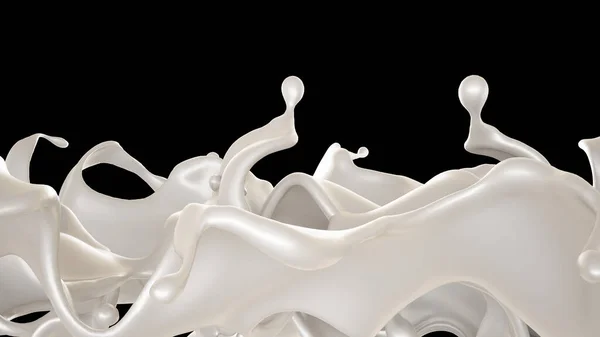 一片牛奶洒在黑色的背景上 3D渲染 3D说明 — 图库照片