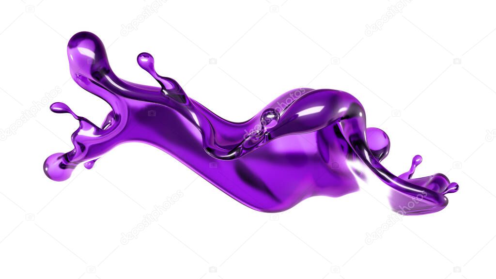 A splash of transparent liquid of a purple color on a white background. 3d rendering, 3d illustration.