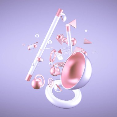 Mor soyut minimalizm, uçan nesneler ve şekillerle. 3d görüntüleme, 3d illüstrasyon.