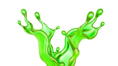 Beyaz arka planda şeffaf yeşil bir sıvı sıçraması. 3d görüntüleme, 3d illüstrasyon.