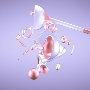 Mor soyut minimalizm, uçan nesneler ve şekillerle. 3d görüntüleme, 3d illüstrasyon.