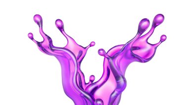 Beyaz arka planda şeffaf mor bir sıvı sıçraması. 3d görüntüleme, 3d illüstrasyon.