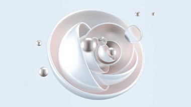 Topları, metali, altını olan soyut beyaz arka plan. 3d görüntüleme, 3d illüstrasyon.