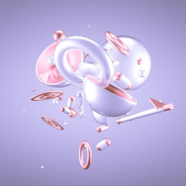 Mor soyut minimalizm, uçan nesneler ve şekillerle. 3d görüntüleme, 3d illüstrasyon.