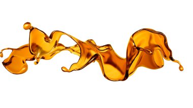 Beyaz arka planda şeffaf turuncu sıvı sıçramış. 3d görüntüleme, 3d illüstrasyon.