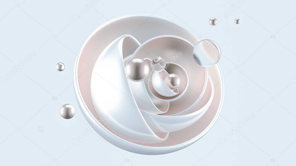 Abstract white background with balls, metal, gold. 3d rendering, 3d illustration.