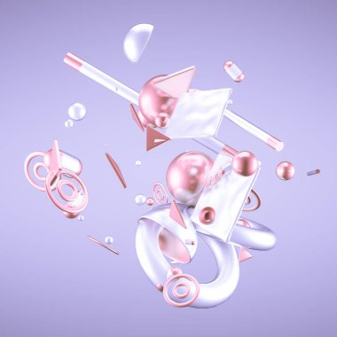 Mor soyut minimalizm, uçan nesneler ve şekillerle. 3d görüntüleme, 3d illüstrasyon.