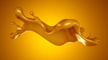 Sarı arka planda altın karamel sıçraması. 3d görüntüleme, 3d illüstrasyon.