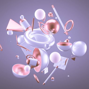 Mor soyut minimalizm, uçan nesneler ve şekillerle. 3d görüntüleme, 3d illüstrasyon.