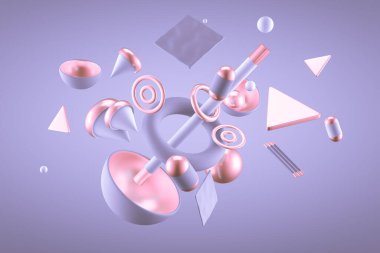 Mor soyut minimalizm, uçan nesneler ve şekillerle. 3d görüntüleme, 3d illüstrasyon.