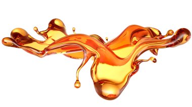 Beyaz arka planda şeffaf turuncu sıvı sıçramış. 3d görüntüleme, 3d illüstrasyon.