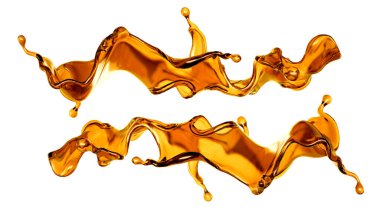 Beyaz arka planda şeffaf turuncu sıvı sıçramış. 3d görüntüleme, 3d illüstrasyon.