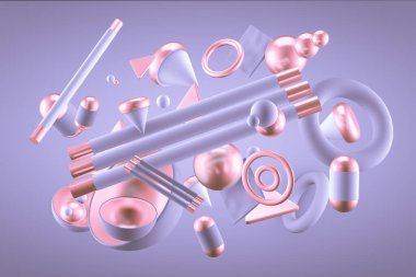 Mor soyut minimalizm, uçan nesneler ve şekillerle. 3d görüntüleme, 3d illüstrasyon.