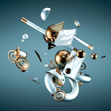 Uçan nesneler ve şekillerle soyut minimalizm arka planı. 3d görüntüleme, 3d illüstrasyon.