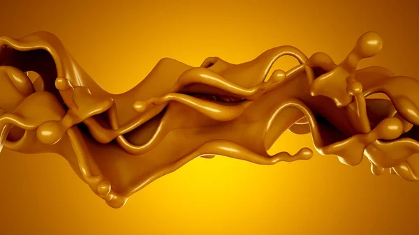 金黄色的焦糖溅在黄色的背景上 3D渲染 3D说明 — 图库照片