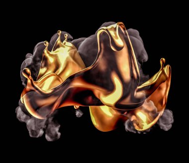 Siyah arka planda altın ve duman lekesi. 3d görüntüleme, 3d illüstrasyon.