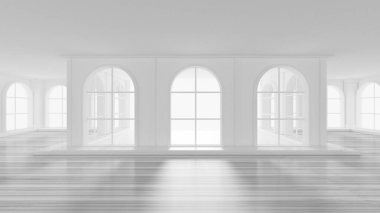 Pencereleri olan lüks, beyaz bir iç mekan. 3d görüntüleme, 3d illüstrasyon.
