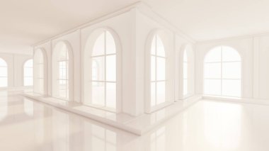 Pencereleri olan lüks, beyaz bir iç mekan. 3d görüntüleme, 3d illüstrasyon.
