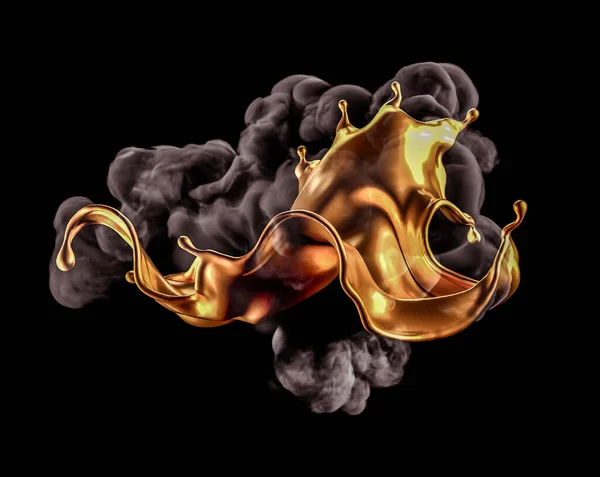 在黑色的背景上飞溅着黄金和烟雾 3D渲染 3D说明 — 图库照片