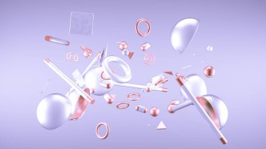 Mor soyut minimalizm, uçan nesneler ve şekillerle. 3d görüntüleme, 3d illüstrasyon.
