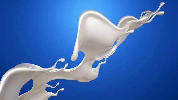 青い背景にミルクのスプラッシュ 3Dレンダリング 3Dイラスト — ストック写真