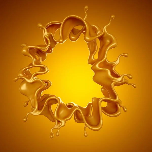 Salpicos Dourados Caramelo Sobre Fundo Amarelo Renderização Ilustração — Fotografia de Stock
