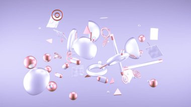 Mor soyut minimalizm, uçan nesneler ve şekillerle. 3d görüntüleme, 3d illüstrasyon.