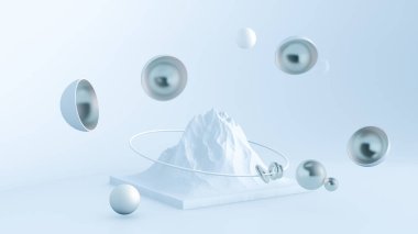 Nesnelerle açık mavi minimalizm arka planı. 3d görüntüleme, 3d illüstrasyon.
