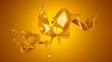 Sarı arka planda altın karamel sıçraması. 3d görüntüleme, 3d illüstrasyon.