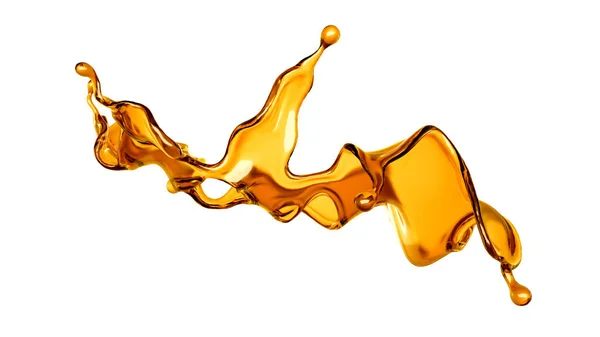 Beyaz arka planda şeffaf turuncu sıvı sıçramış. 3d görüntüleme, 3d illüstrasyon.