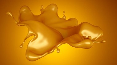 Sarı arka planda altın karamel sıçraması. 3d görüntüleme, 3d illüstrasyon.