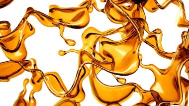 Beyaz arka planda şeffaf turuncu sıvı sıçramış. 3d görüntüleme, 3d illüstrasyon.