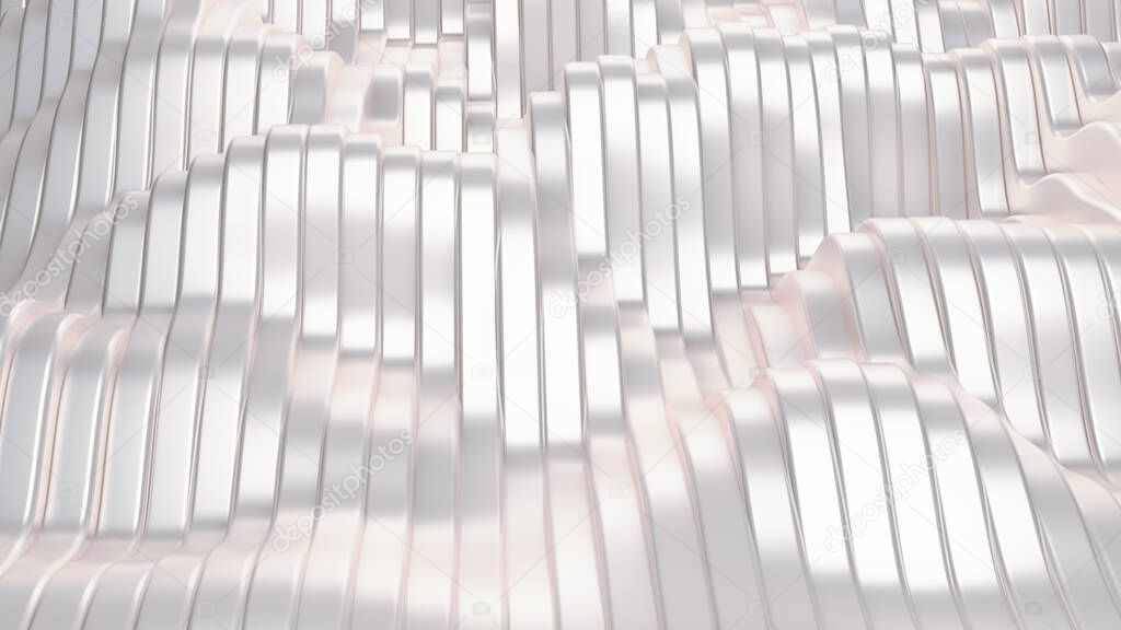 White silver metallic background with waves and lines. 3d rendering, 3d illustration.