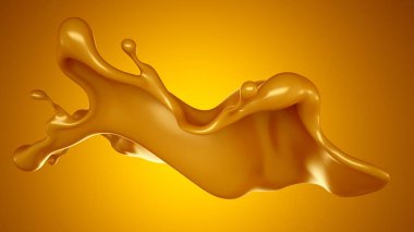 Sarı arka planda altın karamel sıçraması. 3d görüntüleme, 3d illüstrasyon.