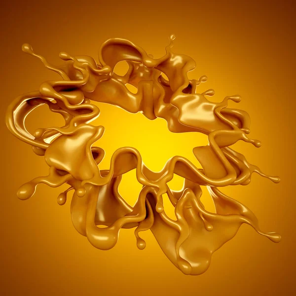 Salpicadura Dorada Caramelo Sobre Fondo Amarillo Representación Ilustración —  Fotos de Stock