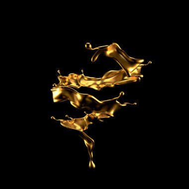 Şatafatlı altın bir sıvı sıçraması. 3d görüntüleme, 3d illüstrasyon.