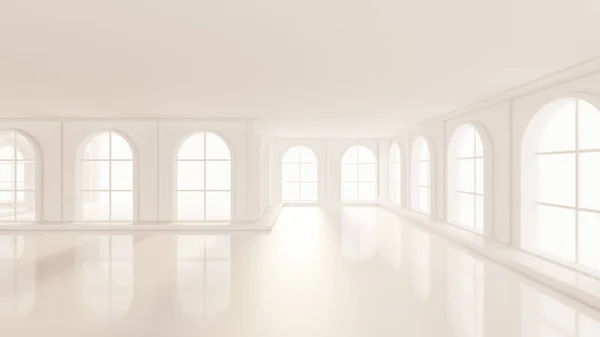 Luxusní Bílý Prázdný Interiér Okny Vykreslování Ilustrace — Stock fotografie